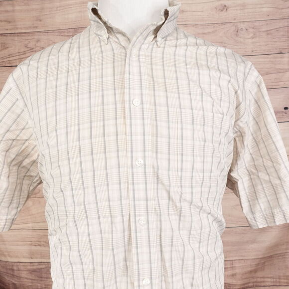 ROUNDTREE & YORKE SHORT SLEEVE BEIGE PLAID BUTTON DOWN SHIRT MENS SZ L - Picture 1 of 9